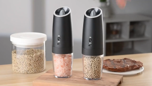 เครื่องบดเกลือและพริกไทยไฟฟ้า เครื่องบดพริกไทยเกลืออัตโนมัติ เครื่องบดเครื่องเทศแบบหยาบปรับได้พร้อมไฟ LED อุปกรณ์ที่ใช้ในครัว เครื่องบดอเนกประสงค์ เครื่องครัว ที่บดเครื่องปรุง เครื่องบดยา