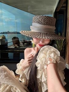 BILLI ZILLY | Summer Beach Vacation Womens Straw Hat Flat Top Woven Sunshade Breathable Casual Style Large Brim Non-Foldable Outdoor Cap