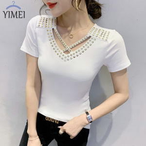 YIMEI เสื้อผู้หญิงแขนสั้นเสื้อปักเพชรเสื้อสตรี2023ฤดูร้อนแฟชั่นใหม่เสื้อยืดคอวีบุคลิกภาพเสื้อยืดผู้หญิงผ้าคอตตอนอเนกประสงค์สีดำสวย