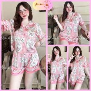 (2 size) °Lụa Latin LADY° Đồ bộ Pijama Đùi Áo Raglan Croptop nút bọc Bộ ngủ mặc nhà Thiết Kế in 5D họa tiết Hot Trend Xinh Sang