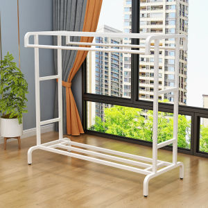 Double Rod Floor Mounted Indoor Balcony Bedroom Clothes Drying Rack Quilt Drying Frame with Wheels Storage Organizer