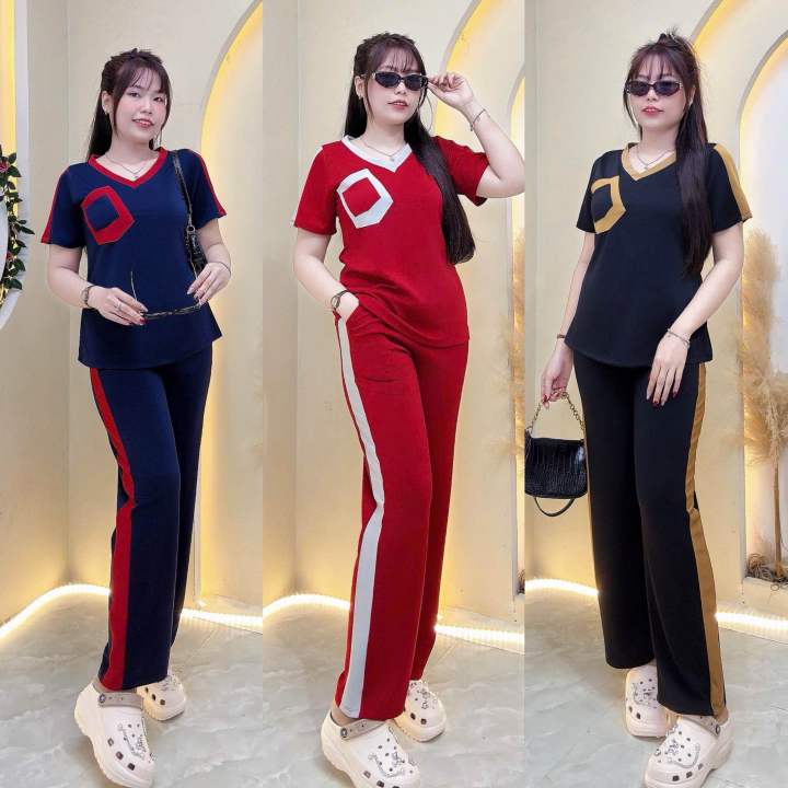 BigSiZe Đồ bộ Nữ BigSize 50kg-105kg Sét bộ thể thao viền lé cổ tim tay nhí đơn giãn mà mặc gọn dáng lắm ạ