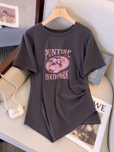 Áo Thun Nữ Tay Ngắn Không Đều Mùa Hè Cỡ Lớn Che Giấu Mỡ Áo Thun Nữ Dáng Ôm Vừa Vặn Cổ Tròn Chất Liệu Thường Ngày