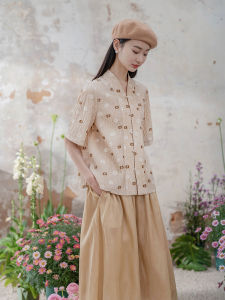 YuanZuo New Chinese Style Retro Cut Flower Embroidery Linen Fine Fleece Cotton Linen Shirt Apricot Full Head Commute Artistic
