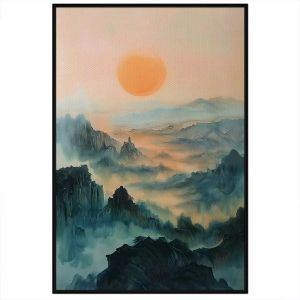Tranh thủy mặc núi non hùng vĩ phong cảnh bình minh mặt trời mọc trên núi.Tranh treo tường dán tường.CGI-906