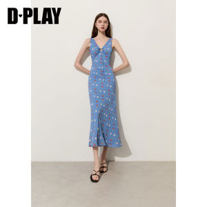D-PLAY | Resort Wear Blue Floral V-neck Slimming Backless Hollow Out Dress