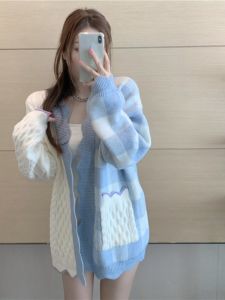 เสื้อคาร์ดิแกนถักลายสก็อตหลวมๆ สำหรับผู้หญิง ฤดูใบไม้ร่วง/ฤดูหนาว เสื้อคลุมกันหนาวสไตล์เกาหลี คอวี แขนยาว ทรงหลวม