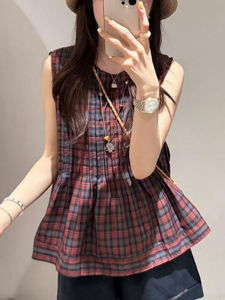 Shalldoer | Casual Style Sleeveless Vest Heavy Embossing Round Neck Color Block Plaid Loose Slimming Summer Top For Women New 2025