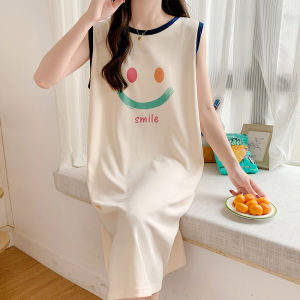 Summer Thin Pure Cotton Vest Nightgown Womens Cute Cartoon Print Home Clothes Sleeveless Long Dress round Neck Sleepwear