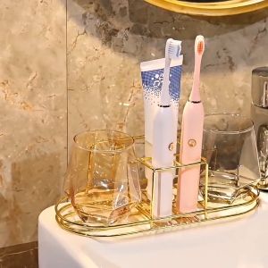 แปรงสีฟันลวด ยุโรปเหนือ ชั้นวางถ้วยฟัน สีทอง ตัวยึดติดผนัง