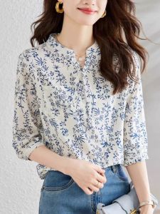 Áo Sơ Mi Nữ Tay Lửng in Họa Tiết Phong Cách Nghệ Thuật Mùa Hè 2024 Áo Sơ Mi Polyester Thường Ngày Cổ Đứng Mỏng Đa Năng Có Túi Một Mặt
