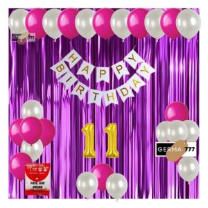 PAKET SET DEKORASI PESTA BALON ULANG TAHUN BANNER HAPPY BIRTHDAY PUTIH TIRAI ULTAH UNGU