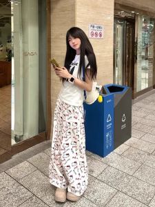 กางเกงยีนส์ทรงหลวมเอวสูงสไตล์ย้อนยุคสไตล์อเมริกัน HelloKitty สำหรับผู้หญิง กางเกงขายาวทรงตรง ทรงหลวม ทรงหลวม ทรงหลวม