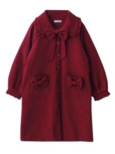 2023 Fall and Winter New Arrival Wooden Ear Doll Collar Bows Long Christmas Woolen Coat Red Woolen Coat Women