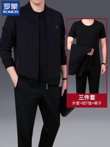 Romon Dad Autumn Sportswear Set Casual round Neck Three-piece Suit for Middle-aged Men Long Sleeve Cotton Polyester Blend