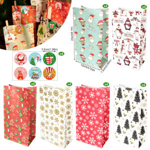 24Sets Christmas Paper Gift Bag with Stickers Santa Claus Xmas Party Favor Bag Advent Calendar Treat Bag New Year Party Supplies