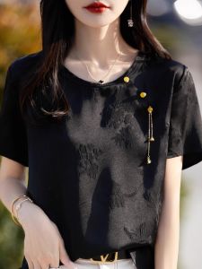 New Chinese Style Short Sleeve T-Shirt Womens Summer round Neck Satin Embroidery Shirt Slimming Top Quality Korean Version