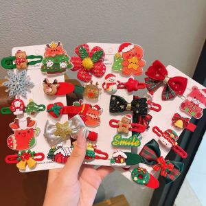 Christmas Kids Hair Clip Set 10PCS - Santa Bell Deer Antler Tree & Bow Golden Hairpins Party Gift