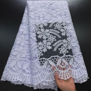 Pure White African Mesh Lace Fabric 5Yards - Luxury Sequined French Tulle For Nigerian Wedding Dresses Womens Evening Gowns