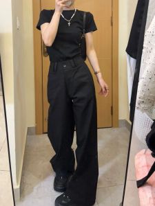 Quần Ống Rộng Cạp Cao Màu Đen Rộng Rãi Thường Ngày Cho Nữ Dáng Dài Cao 175 Quần Áo Làm Việc Phong Cách Mỹ