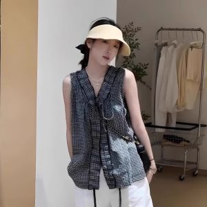 BINKAFENNY | Plus Size Womens Shirt Summer Loose Plaid Sleeveless V-neck Korean Style Belly Covering Slimming Asymmetrical Top