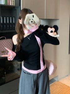 Áo Thun Nữ Tay Dài Ôm Vừa Vặn Phong Cách Hàn Quốc Ngọt Ngào Mùa Xuân Thu Mới Hở Vai Thắt Nơ Nối Dài Cổ Chữ V