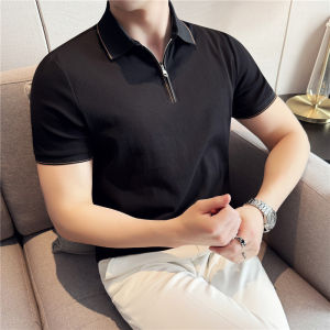 Color Block Stripe Half Zip Cotton Casual Short Sleeve Polo Shirt Mens Summer High Quality Turn Collar T-Shirt Business Casual