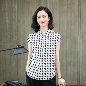 NVSHENJI | Silk Shirt Women Short Sleeve Polka Dot Print Authentic Hangzhou Mulberry Silk Fashionable Round Dot Top Polo Collar Button Up