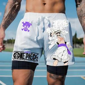 Bandai | One Piece Anime White Double Layer Running Shorts for Men Gym Workout Straw Hat Crew Design Quick Dry Fabric Loose Fit