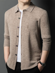 Knitted Cardigan Mens Spring Autumn Solid Color Button Casual Wool Sweater Flip Collar Pure Woolen Coat Fashion Urban Style