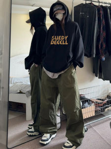 American High Street Trendy Hoodie Womens New 2024 Spring Autumn Black Loose Thin Cotton Pure Cotton Top Fashionable