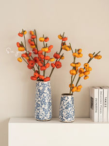 Retro Ceramic Flower Vase High-End Blue-and-White Porcelain Living Room Decorative Accessories Evergreen Branches Floral Arrangements