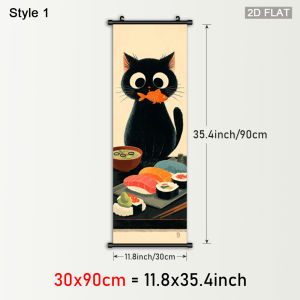 VIKAMA Black Cat Scroll Tapestry Japanese Sushi Ramen Wall Hanging Cute Cat Fabric Poster for Kitchen Dining Room Decor
