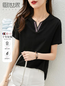 เสื้อยืดคอวีแขนสั้นผ้าฝ้ายหลวมๆ สไตล์เรียบง่ายสำหรับผู้หญิงในฤดูร้อน สวมใส่สบาย สวมใส่ได้หลากหลายโอกาส เสื้อผ้าทำงาน