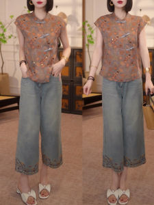 Shalldoer | ชุดเดรสย้อนยุคสไตล์จีนใหม่สำหรับผู้หญิงในช่วงฤดูร้อน ชุดเดรสแขนสั้นคอตั้งปุ่มกระดุมสองชิ้นพร้อมกางเกงยีนส์ทรงตรงปักลาย