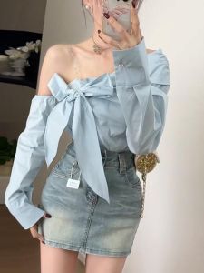 Chic Pure Desire Butterfly Knot Shoulder Bared Shirt Elegant Fashionable Name Lady One Shoulder Top Sweet Style Loose Fit Long Sleeve