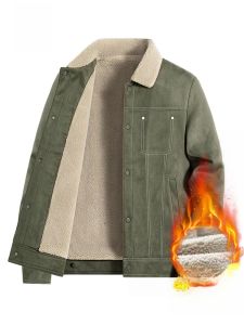 ROMON | Lormen Mens Fleece Lined Jacket Warmth Sheepskin Collar Autumn Winter New Style Cotton Clothes Outerwear For Middle-Aged And Elderly