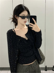 ชุดเสื้อกั๊กแขนกุดลายดอกไม้สีดำสไตล์เกาหลี ชุดสองชิ้น แฟชั่นฤดูใบไม้ร่วงสำหรับผู้หญิง ชุดทำงาน ชุดทำงาน