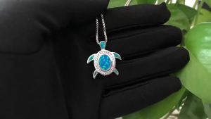 Sea Turtle Pendant Necklace with Natural Blue Opal & Zircon AccentsOcean Animal JewelryElegant Healing Crystal Gift for Women