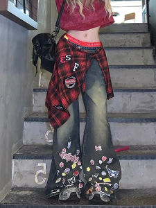 High Waist Wide Leg Straight Cut Graffiti Denim Jeans Womens Autumn Design Loose Fit Floor Length Pants American Style