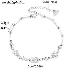 Sanrio | Cute Hello Kitty Delicate Bracelet Zinc Alloy Silver Tone with Sakura Flower and Rhinestone Details Adjustable Chain