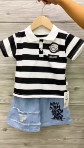 Terno for Kids Boy Black Polo Stripes Cool Ripped Graffiti Shorts 1-5yrs old E75