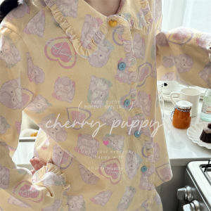 Sweet Cartoon Cotton Pajamas Set for Women Long Sleeve Long Pants Home Clothes Four Seasons Suitable for Autumn Winter