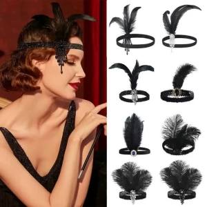 Vintage Headband Feather Headwear Diamond Tassel Cosplay Dress Headwear Black Makeup Party Masquerade Hair Band Hair Accessories