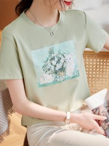 เสื้อยืดคอกลมแขนสั้นลายดอกไม้สไตล์หวานสำหรับฤดูร้อนปี 2025 เสื้อยืดผู้หญิงอเนกประสงค์พิมพ์ลายที่สวมใส่สบายและลำลอง