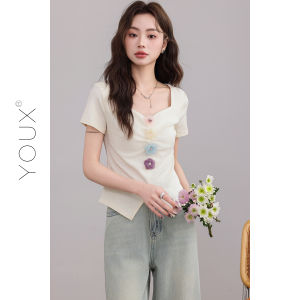 YOUXIANG | Áo Thun Thời Trang Cổ Vuông Dây Rút eo Có Gợn