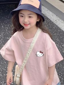 Girls Pure Cotton Short Sleeve T-Shirt Pink Shoulder Cartoon KT Cat Print Casual Summer Top Breathable Loose Fit round Neck