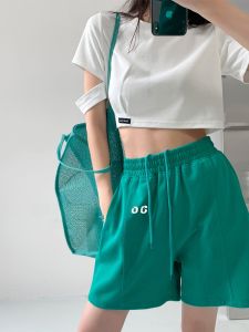 European and American Leisure Sports Shorts Womens Summer Thin Drawstring Mint Mambo Style Slim Looking All-Matching Straight Cropped Pants