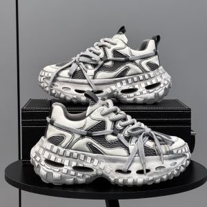 Mens Sporty Mesh Tire Sole Shoes Spring Summer New Style Thick Bottom Heightening Casual Leisure Dad Shoes Leather Splicing
