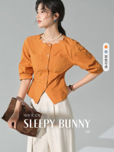 Cotton Fitted Drop Shoulder Waist-Cinched Blouse 3/4 Sleeves